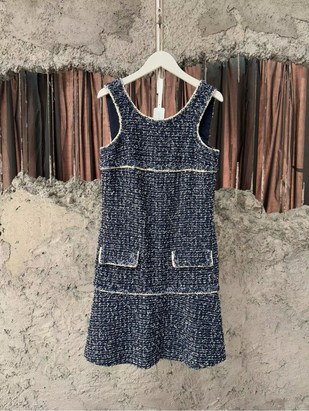 CHANEL Navy and Cream Bouclé Mini Shift Dress